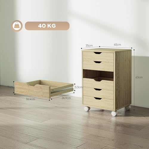 Miniatura 3 de Homcom Cajonera Escritorio, Archivador Móvil Con 6 Cajones, Soporte Para Impresora Con Ruedas, Guías Deslizantes Silenciosas, Para Oficina, Casa, Roble