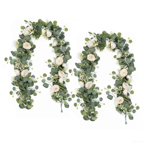 Guirnalda de eucalipto artificial de 6 pies, decoración de plantas colgantes, vides de plantas artificiales, con rosas y Gypsophila para todas las ocasiones