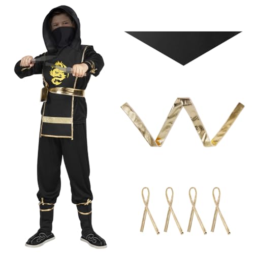 Aoowu Disfraz Ninja para Niño, 3Pcs Disfraz Mono Ninja con Máscara y Cinturón, Disfraz de Samurai Negro de Ninja para Cosplay Anime, Disfraz Halloween Niño para Fiesta, Carnaval y Cumpleaños