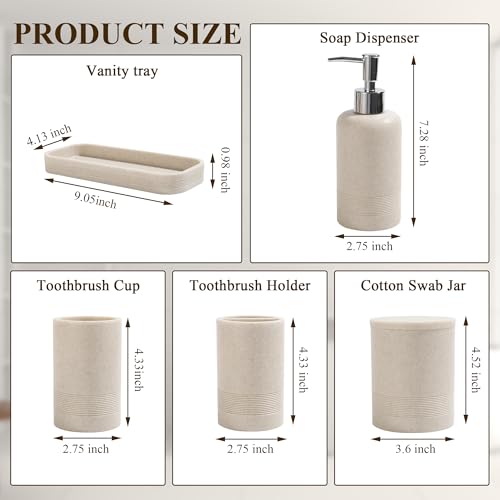 Bathroom Accessories Set, 6-Piece Bathroom Accessory Set, Toothbrush Holders Set, Soap Dispenser, Vanity Tray, Tumbler, Cotton Swab Jars, Bathroom Organizer for Modern Bathrooms(Beige) by YMXYJM - Image 7