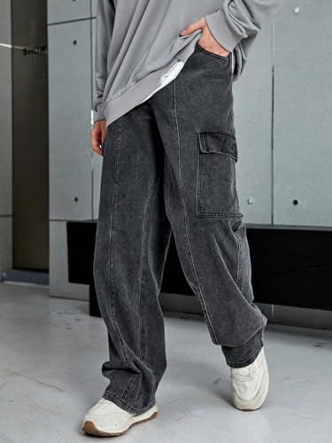 Image of KOTTY Men's Loose Fit Cargo Denim Jeans - Vintage Washed Utility Jeans with Side Pockets