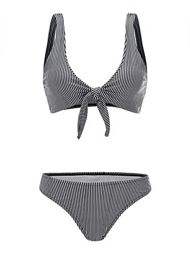 SweatyRocks Women's Bikini Set Tie Knot Front Swimsuit Striped Swimwear Set Striped S