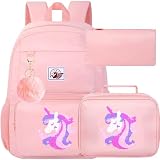 3PCS Unicorn With Sequin Backpack, Water Resistant Girls Aesthetic Bookbag with Lunch Box, 18 Inch Cute Anti Theft School Bag Set for College Teenagers Senior Junior Elementary - Pink Unicorn