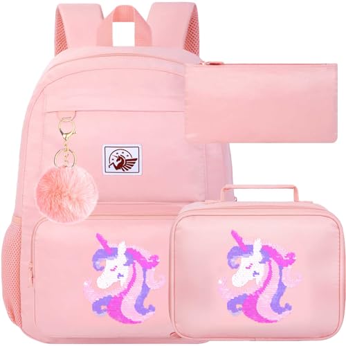 3PCS Unicorn With Sequin Backpack, Water Resistant Girls Aesthetic Bookbag with Lunch Box, 18 Inch Cute Anti Theft School Bag Set for College Teenagers Senior Junior Elementary - Pink Unicorn