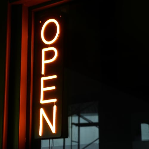 Image of Open Signs for Business 12V /2A Ultra Bright LED Neon Open Sign Lighted Open Sign Electric Light Up Open Sign for Business Storefront Window Glass Door Retail Shop Store Bar Salon Restaurant (Yellow-Vertical, 32 Inch)