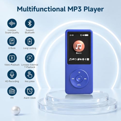 Image of BIGASUO 128GB Mini MP3 Music Player with Bluetooth 5.4 & Voice Control Earphones, Video Playback,Pocket-Sized MP3 Player for Music,Voice Recording,FM Radio, Blue