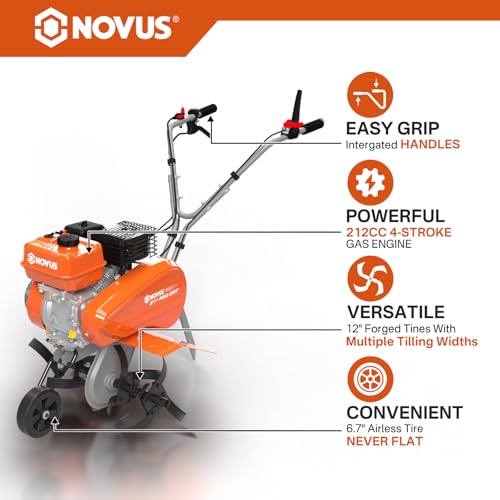 NOVUS 21-Inch Gas Tiller for Gardening, 212cc Front Tine Tiller Cultivator, 4-Cycle Engine with Toolless Adjustable Tilling Width 12
