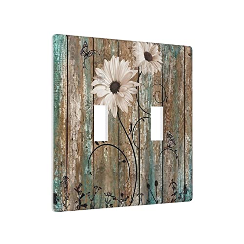 Placa de pared de 2 cuadrillas rústica con diseño de margaritas para interruptor de luz doble 3