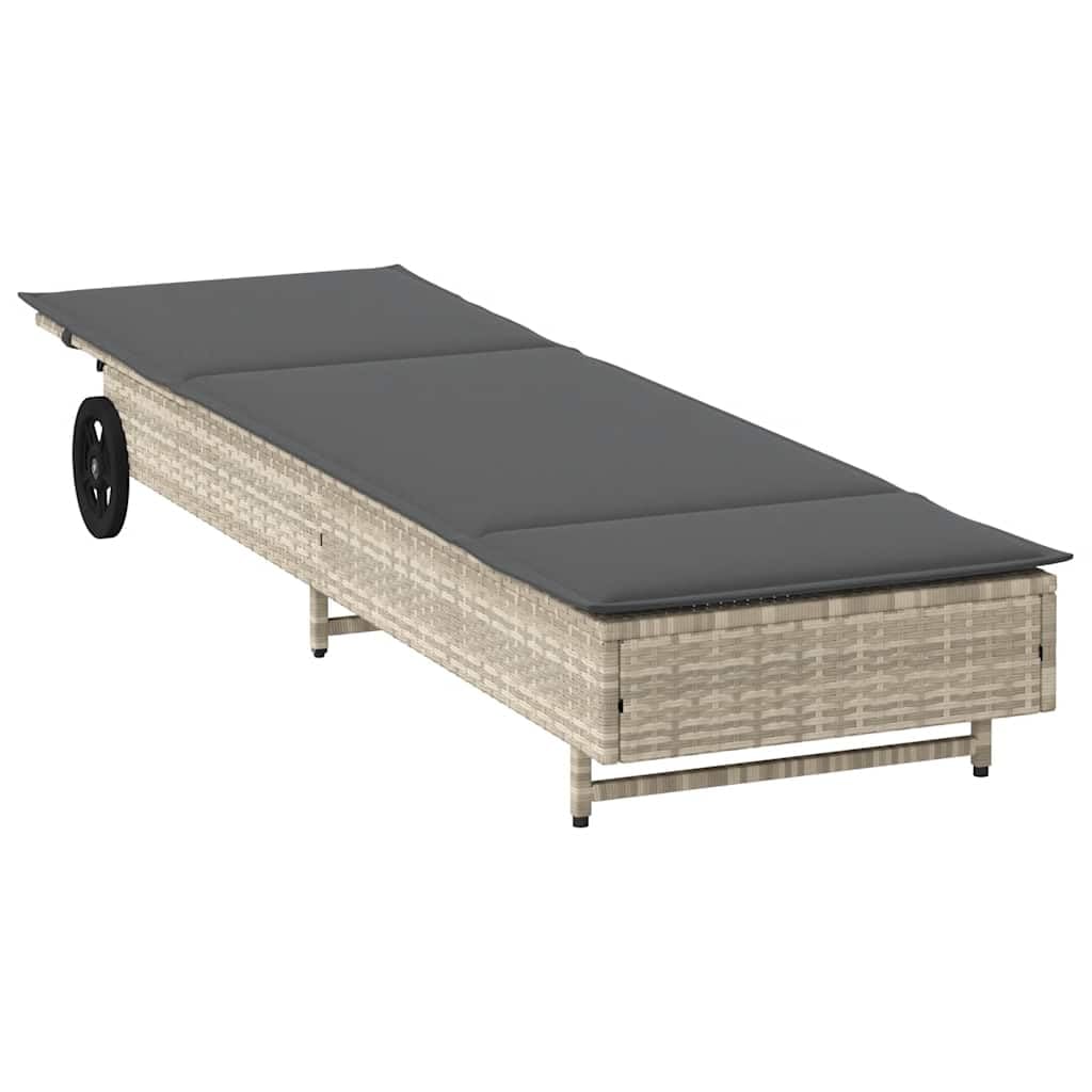 vidaXL Lettino Prendisole con Ruote e Cuscino Polyrattan Grigio Chiaro
