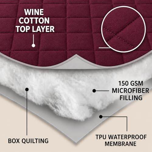 Image of RESTIFY 100% Waterproof Quilted Queen Size Mattress Protector 72x60 Inch 6x5 Ft Fits Upto 10 Inch Mattress | Premium Cotton Breathable Bed Protector | Mattress Cover for Double Bed |Wine