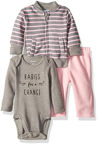 Hanes Ultimate Baby Zippin Zip Pant with Bodysuit and Fleece Jacket, Pink/Drak Grey Stripe, 6-12 Months