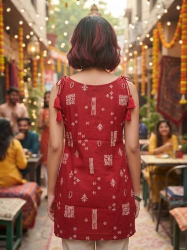 Image of Short Kurti for Women | Cotton Tops for Women | Stylish Strap Kurtis for Woman | Sleeveless Casual for Jeans | Printed Kurtas for Office Casual