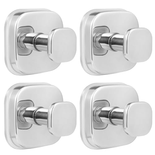 Image of No-Drill Reusable Suction Cup Hooks, Towel, Robe, Loofah, Coat Hook for Glass, Mirror, Tile, Shower, Bathroom, Kitchen & Metal (Smooth, Non-Porous Surfaces) (4, Chrome Polished)