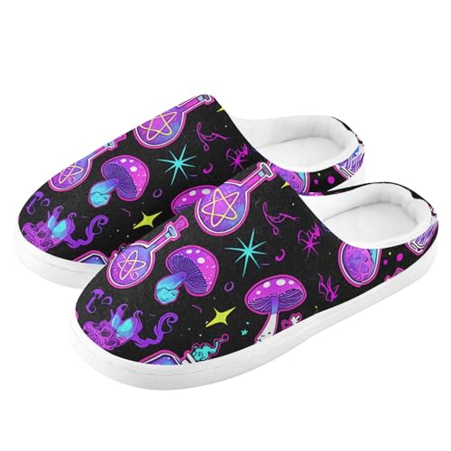 JUNZAN Neon Goth Magic Witch Cotton Slippers for Men Wide Memory Foam Mens Slippers for Travel Funny Presents 6-74