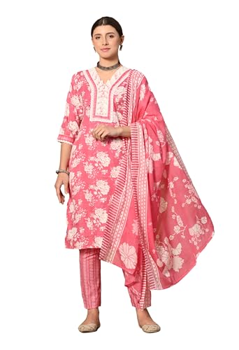 Image of Women's Cotton Stitched Straight Salwar Suit Set | Printed Cotton Dupatta, Embroidered Round Neck Ethnic Kurta, with Pant