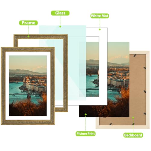 Image of Golden State Art, 13x19 Ornate Finish Photo Frame with White Mat for 11x17 Picture & Real Glass. Color: Distressed Gold