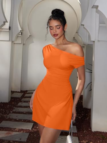 Image of LAGSHIAN Womens Off Shoulder Sleeveless Ruched Flare Mini Dress | Sexy,Summer,Slim Fit,Stretch,Trendy,Double Layer,A-line,Cocktail Party,Club,Night Out,Date,Asymmetrical Shoulder