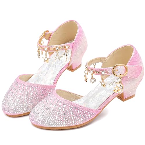 Furdeour Princess Shoes for Girls 7-8 Years Old Dress Up Girls' Sandals Sparkly Big Kid High Heels Size 3 Pink Youth Girl Princess Shoes Flower Wedding Party(2902RhinestonePink 3)