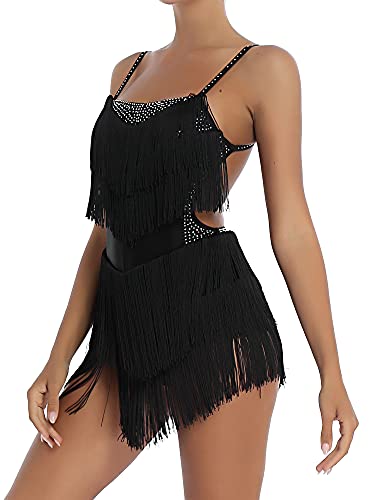 Oyolan Femme Robe Danse Latine Strass Frangé sans Manches Robe Danse Salsa Rumba Chacha Tango Justaucorps Danseuse Brillant Costume Spectacle Dancewear S-XL Noir S