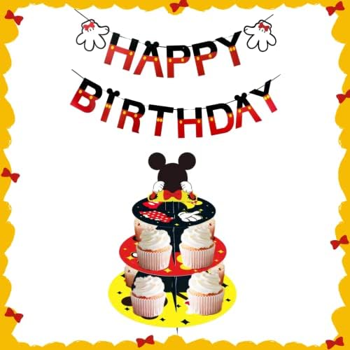 CGG Birthday Cupcake Stand With Happy Birthday Banner Party Supplies Kids Birthday Decorations Kid's Birthday Party Kids Party Favors Boy Girl Baby Shower Decorations (Mickey)
