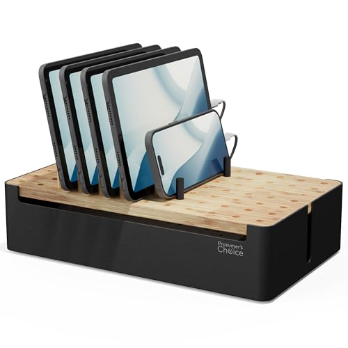 Prosumer's Choice Black Wooden Charging Station Organizer for Multiple Devices - Cable Management Box with 5 Slots and Removable Dividers - Charger Organizer for Phone, Tablet, Home, Office, 12