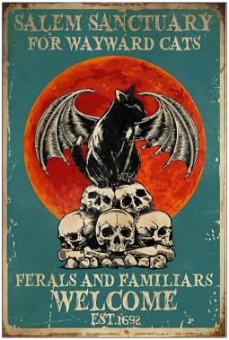 Vintage Tin Sign Coffee Black Cat Metal Poster Salem Sanctuary For Wayward Cats Poster Ferals And Familtars Welcome Poster Home Wall Art Decoration Retro Metal Tin Sign 8x12 inch