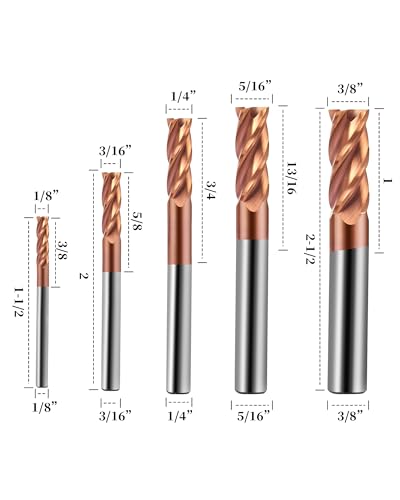 Image of 1 /8 inch 3 /16 inch 1 /4 inch 5 /16 inch 3 /8 inch Carbide End Mills Set, 4 Flute End Mill Bits for Steel (Carbon steels /Alloy Steels /Hardened Steels), TISIN Coated, CNC Router Bits