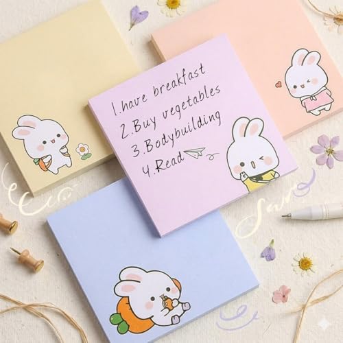 Image of Cute Cartoon RABIT Sticky Notes | Pastel Memo Pad Set | Study & Office Use - Pack of 4 | 80 Sheets Per Pack | 3.15x3.15in Self-Stick Note Pads (RABIT Sticky Notes)