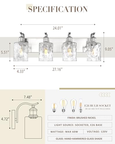 Image of Bathroom Vanity Light Fixtures Over Mirror 4-Light Hammered Glass Wall Mounted Modern Brushed Nickel - VL01BNH-4