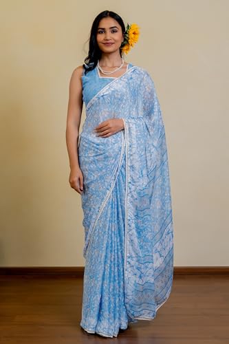 Image of MIRCHI FASHION Women Saree Floral Print Chiffon | Lightweight Festive Occasion Sari for Farewell and Functions with Unstitched Blouse Piece