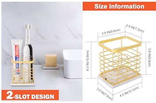 HarJue Toothbrush Holder, Luxurious Metal Toothbrush Toothpaste Holder with Marble Base for Bathroom, Multi-Slots Openwork Design, Bathroom Accessory for Storage and Organizer (Small, Gold)