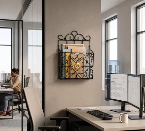 Image of Wall Mounted Hanging File & Magazine Holder - Metal Organizer for Newspapers, Documents & Office Storage | Decorative Rack for Home & Workspace 39x26x10 cm.