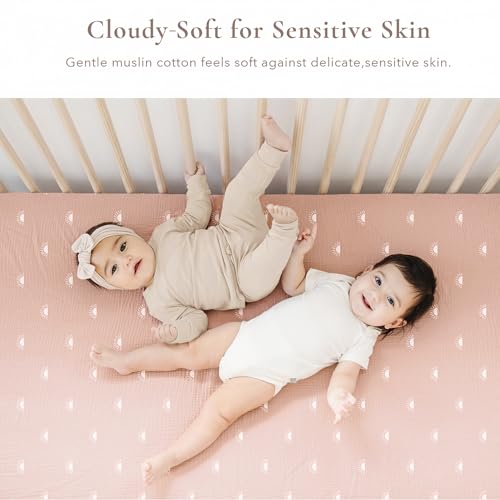 Image of Konssy Muslin Crib Sheets for Girl Boy, 2 PCS Soft and Breathable Cotton Baby Sheets for Standard Crib Mattress, 52 inchx 28 inch (Pink Sun,Khaki Leaf)