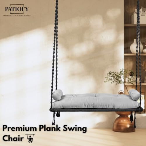 Image of Patiofy Double Seater Plank Swing for Adults | Indoor and Outdoor Use | Jhula for Adults with Grey Sitting Cushion & With Round Bolster Pillow | Hanging Kit Included | Weight Capacity - 150 Kg - Black