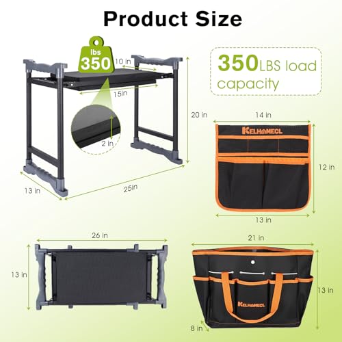 Garden Kneeler and Seat with Umbrella, 2-in-1 Foldable Gardening Stool with Adjustable Bracket, Detachable Tool Bags, Heavy Duty Kneeling Pad for Gardening (Black Orange) - Image 3