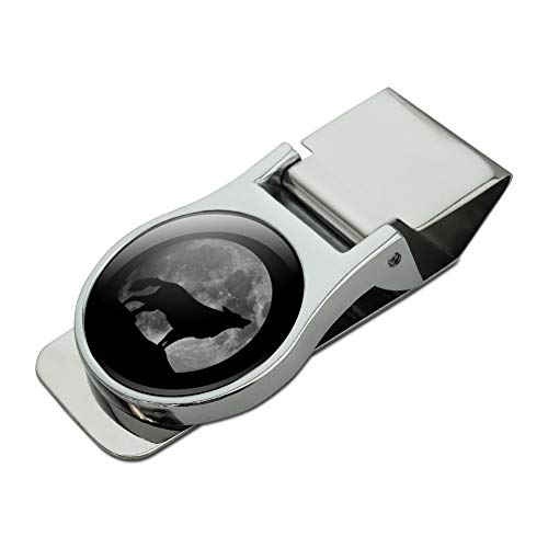 Wolf Howling Moon Silhouette Satin Chrome Plated Metal Money Clip