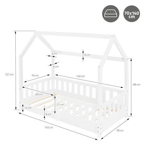 Miniatura 2 de Ml-Design Cama Infantil Casa Blanca 70x140 Cm De Madera De Pino Con Protección Anticaída, Techo Y Somier Estructura De Listones, Cuna De Suelo Maciza, Lecho Casita De Juego Para Niño Y Bebé