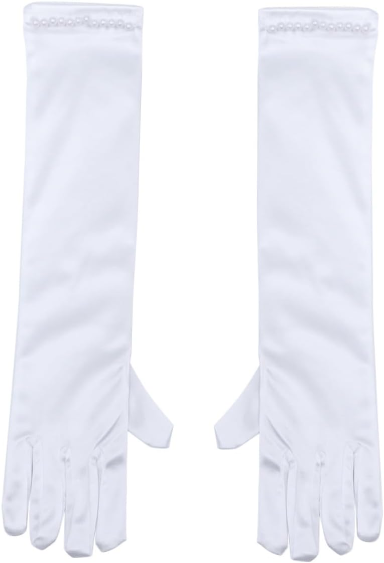 Didiseaon 1Pair Long White Satin Flower Girl Gloves with Pearl Decor Elegant Dress Gloves for Weddings Evening Parties and Special Occasions