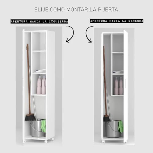 Vep Home - Armario Escobero Multiusos con Ruedas – 1 Puerta Reversible, Estantes y Espacio para Escoba y Fregona – Blanco, 183x42x41 cm – Mueble Auxiliar para Lavadero, Trastero o Cuarto de Limpieza - imagen 4