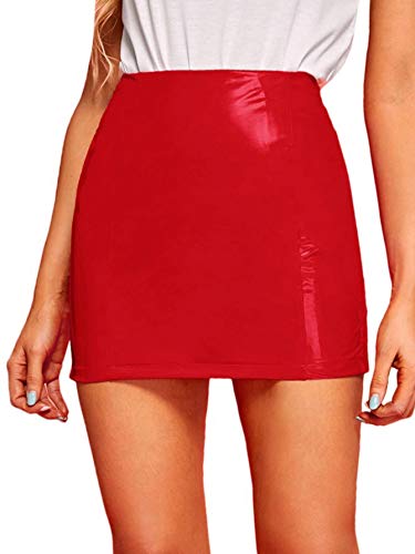 MakeMeChic Women s Neon Zip Back Leather Y2K Skirt PU Bodycon Short Mini Skirt Red Large