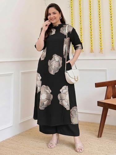 Image of ANNI Designer Women Viscose Blend Straight Fit Printed Kurta Palazzo Set | Mandarin Neck Outfit | Lightweight Breathable Fabric | Comfortable Elegant Styling for Office Casual Wear