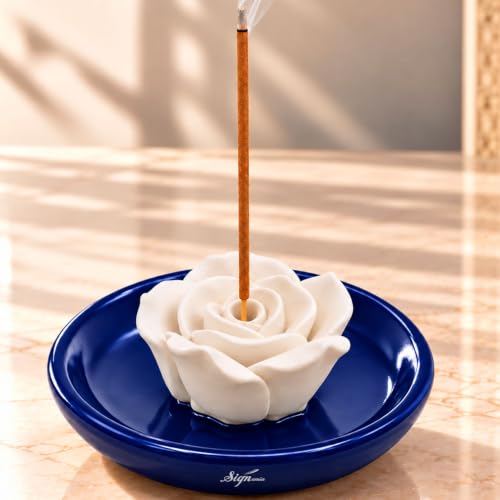 Image of SIGNAMIO Ceramic Agarbatti Incense Stick Stand Holder - Flower Blue
