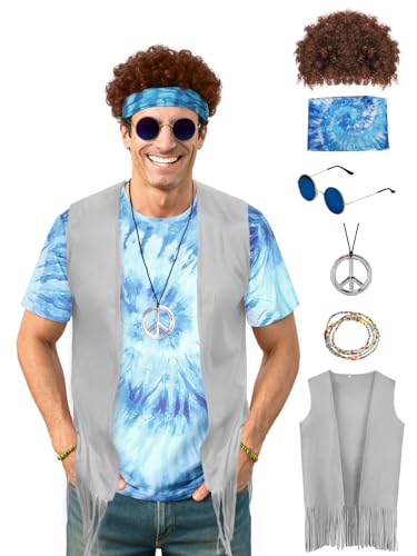 Disfraz hippie para hombre de los años 60 y 70, accesorios de teñido anudado, conjunto de camisa con flecos, chaleco de carnaval, peluca, diadema de teñido anudado para fiesta, Juego de 7 piezas
