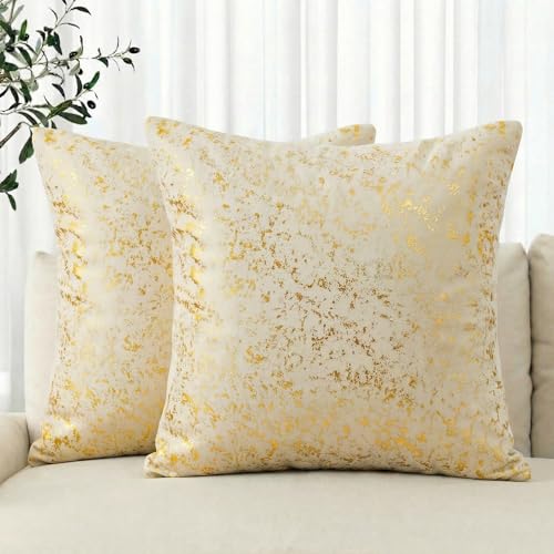 AVOIN colorlife Gold Foil Velvet Throw Pillow Covers 18 x 18 Inch Beige Luxury Accent Cushion Case Glitter Decoration for Home Sofa Couch Set of 2