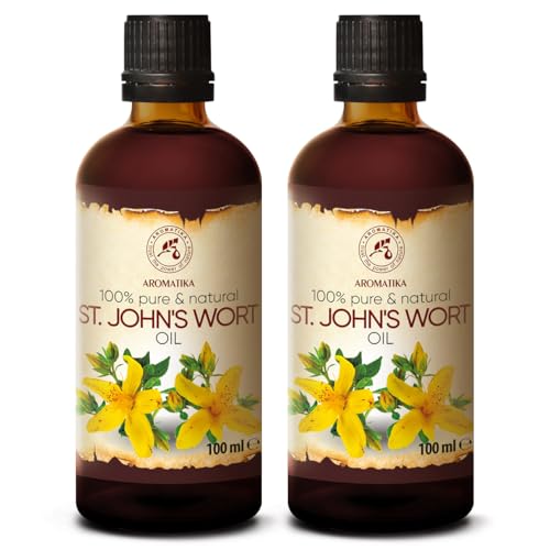 Hierba de San Juan 2x100ml - 200ml - Hypericum Perforatum - 100% Puro Aceite de Hipérico - Aceite de Hierba de San Juan para Cuidado Intensivo Cuerpo - Cabello - Piel - Masajes