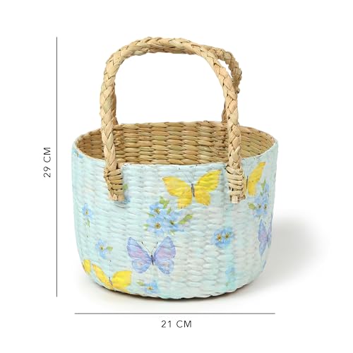Image of Habere India-All the Cultures Fabricating India Handmade Gift Hamper Baskets | Cane Round Hamper | Fruit Baskets | Bamboo Organiser Basket | Jute Round Storage Basket - Blue (Design14 - D21xH29 cm)
