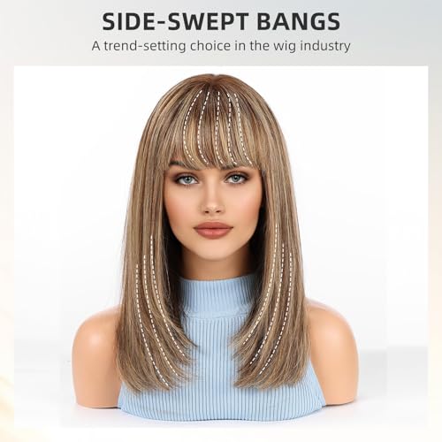Image of KKU 16 Inch Brown Mixed Blonde Human Hair Wig,Human Hair Wigs,Human Hair Wig With Bangs, Lady Wigs Human Hair, Real Hair Wigs For Women