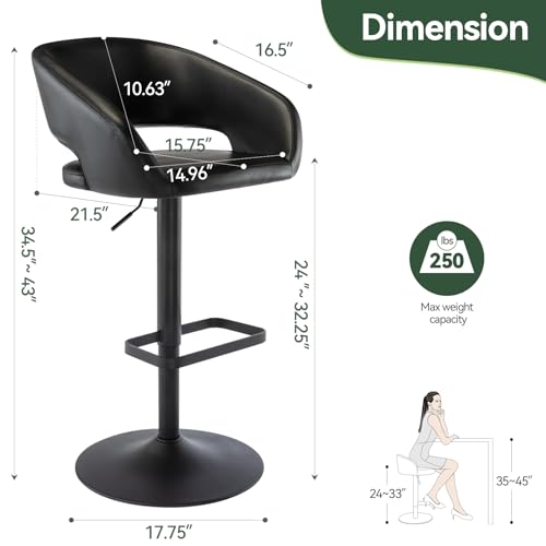Image of PU Leather Adjustable Swivel Counter Height Bar Stool, Black, Black Base