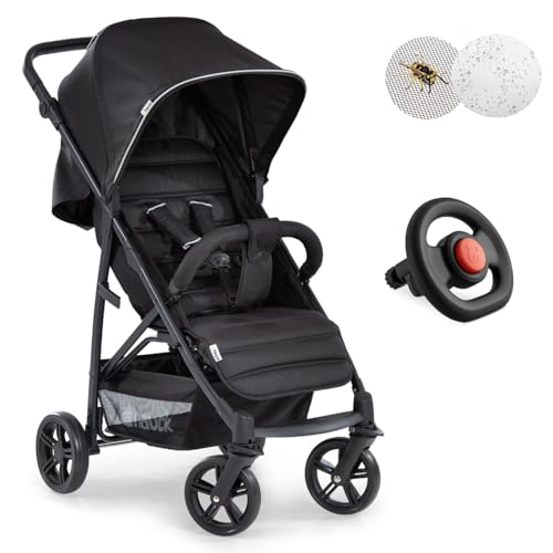 hauck Buggy Rapid 4 mit Lenkrad und XXL Zubehörpaket (Insekten- & Regenschutz) | Sportbuggy mit Liegefunktion, leicht & kompakt faltbar - Caviar Black