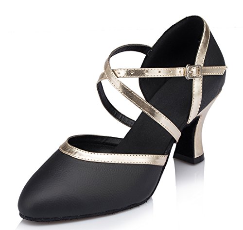 TDA Women's Closed Toe Mid Heel Black Leather Classic Salsa Tango Ballroom Latin Modern Dance Wedding Shoes 7 M US